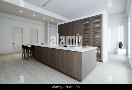 Minimalismus in der Küche. Holzküche mit großer langer Insel und Barhockern. Stockfoto