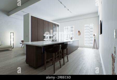 Minimalismus in der Küche. Holzküche mit großer langer Insel und Barhockern. Stockfoto