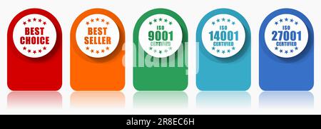 Business Icon Set, flaches Design verschiedene bunte Symbole wie Best Choice, Bestseller, iso 9001, iso 14001 und iso 27001 für Webde Vaccine, PEO Stock Vektor