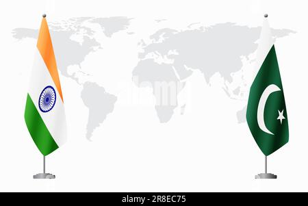 Die Flaggen Indiens und Pakistans für ein offizielles Treffen vor dem Hintergrund der Weltkarte. Stock Vektor