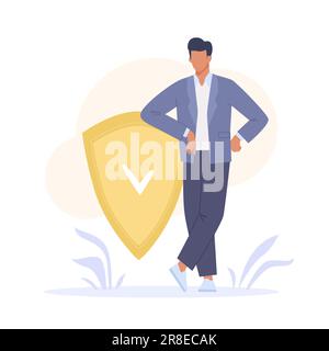 Ein Geschäftsmann, der mit einem Sicherheitsschild steht, mit einem Kontrollzeichen für Verteidigung und Sicherheit. Versicherung, Datenbank, Gesundheits- und Lebensschutzkonzept. Flacher Vektor krank Stock Vektor