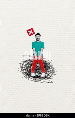 Picture Image Sketch Minimale Collage eines positiven Mannes sitzende Psychologe Sitzung viele Gedanken isoliert auf weißem farbigen Hintergrund Stockfoto