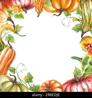 Kürbisrahmen. Von Hand gemalte Aquarelle, helle HerbstKürbisse. Komposition für die Gestaltung von Postkarten und Einladungen im Herbst Stockfoto