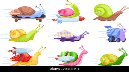 Cartoon-Schnelle Schnecken. Turborakete, schnell bewegliche Schnecke, verspielte Gastropode auf Skateboard, langsamer Lauf und witzige Rennvektorenbildner. Lustiges Tier Stock Vektor