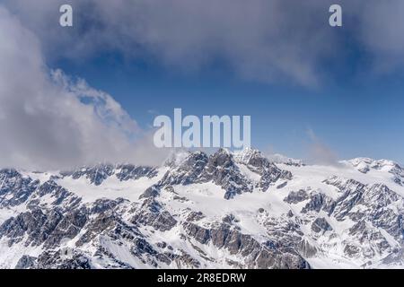 Luftlandschaft, aus einem Segelflugzeug, vom Bernina Gipfel, der aus den Wolken auftaucht, von Süden im hellen Spätfrühlingslicht aufgenommen, Sondrio, Italien Stockfoto