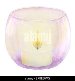 Kerzenhalter aus violettem Glas, Vase. Handgezeichnete Aquarelldarstellung. Gut für Veranstaltungen, Weihnachtsdekoration, Romantik, Hochzeitsdesigns Stockfoto