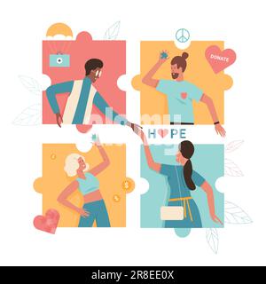 Menschen teilen Hilfe, Fürsorge und Hilfe. Cartoon-Freiwillige, die sich im Puzzle die Hände halten, unterstützen das Konzept Flachvektordarstellung. Stock Vektor