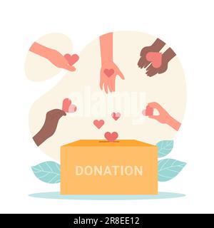 Hände von Menschen spenden. Freiwillige schenken Herzen für eine Spendenbox mit flachen Vektorbildern. Hoffnung, Solidarität, Hilfe für Flüchtlinge Stock Vektor