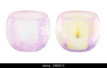 Set aus Kerzenhalter und Vase aus violettem Glas. Handgezeichnete Aquarelldarstellung. Gut für Veranstaltungen, Weihnachtsdekoration, Romantik, Hochzeitsdesigns Stockfoto