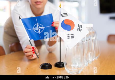 Vorbereitung auf Geschäftsverhandlungen - Frau setzt kleine Flaggen von NATO-Ländern (OTAN) und Südkorea auf den Tisch Stockfoto