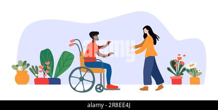 Die Krankenschwester hält einem Mann im Rollstuhl ihre Hände aus. Einbeziehung in das öffentliche Leben. Eine moderne Illustration einer wohlhabenden Gesellschaft. Stock Vektor