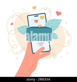 Handgehaltenes Mobiltelefon mit Spendenbox auf dem Bildschirm, Vektordarstellung des Wohltätigkeitskonzepts Stock Vektor