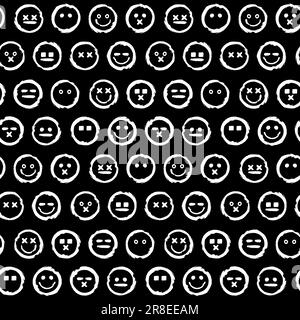 Abstraktes schlampiges, nahtloses Muster mit Emoji-Zellen mit unterschiedlichen Gesichtsausdrücken und Stimmungen. Verzierung zum Bedrucken von Stoff, Einband und Verpackung. Sim Stock Vektor