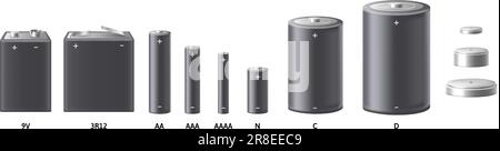 Realistisches Batteriemodell. Verschiedene Arten von Alkali-Batterien und -Akkumulatoren. Leere Vorlage für tragbare Stromquelle für isolierte Konstruktion Stock Vektor