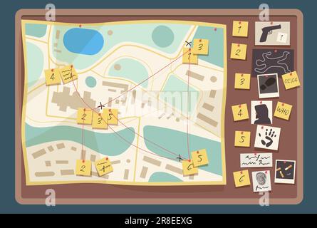 Detective Board mit Tatbeweisen Vektordarstellung. Zeichentrickpinnwand des Ermittlers mit Laborabdrücken von Kriminellen, Karte mit Schnur, Foto und Dokument über Knöpfen für Kriminalforschung Stock Vektor