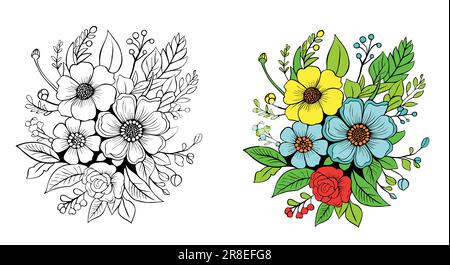 Skizzieren Sie Konturbouquet von Weichblumen, skizzieren Sie violette Blütenzeichnungen, Blumengruppensymbole, einfache Blütenfärbungsseiten, Blütenfärbungsseite für Stock Vektor