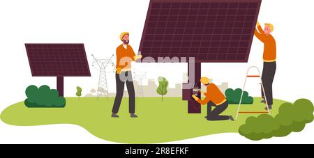 Versorgungsarbeiter installieren Solarpaneele. Vektordarstellung zur Wartung von Solaranlagen, nachhaltiger grüner Energie und Stromleitungen. Männlich Cha Stock Vektor