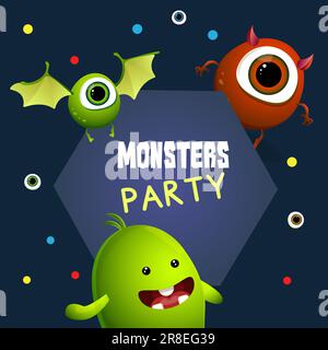 Süße Monster, Halloween-Party-Einladung. Auf einem dunklen Hintergrund. Grünes und rotes Monster. Vektordarstellung. Stock Vektor
