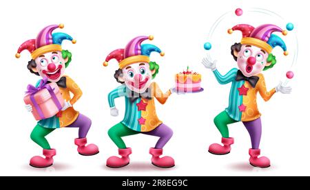 Clown-Figuren Vektorset-Design. Geburtstagsclown, Maskottchen, Kostüm und Clown mit lustigem Gesichtsausdruck. Vektordarstellung bunter Charaktere Stock Vektor