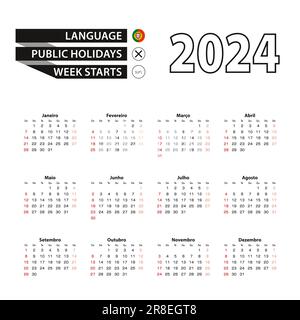 2024 Kalender in portugiesischer Sprache, Woche beginnt am Sonntag. Vektordarstellung. Stock Vektor