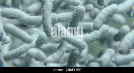 Bakterien. Bakterium. Cyan-Farbe. Bakterien unter mikroskopischem Hintergrund. Mikroskopische Sicht auf Virus- und Bakterienzellen. 3D Abbildung. Stockfoto