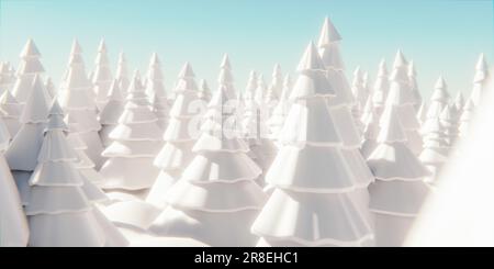 Weiße Tannenbäume bedeckten Schnee und blauen Himmel, 3D Abbildung Stockfoto