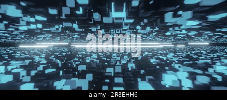 Abstrakter blauer High-Tech-Hintergrund mit 3D Würfeln. Abstraktes geometrisches Muster. Blaues breites Webbanner. hi-Tech-Kulisse. 3D-Rendering Stockfoto