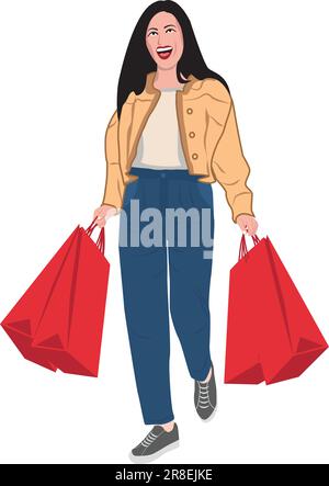 Modische Frau mit roter Einkaufstasche und fröhlichem Lächeln auf weißem Hintergrund. Stock Vektor