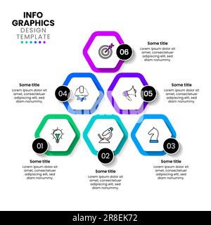 Infografik-Vorlage mit Symbolen und 6 Optionen oder Schritten. Sechskant-Pyramide. Kann für Workflow-Layout, Diagramm, Banner, webdesign verwendet werden. Vektor illustr Stock Vektor