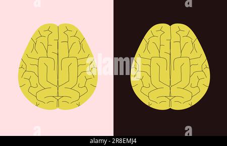 Satz von zwei menschlichen Gehirnbildern auf hellem und dunklem Hintergrund. Vereinfachtes Zeichnen von geometrischen Formen. Stock Vektor