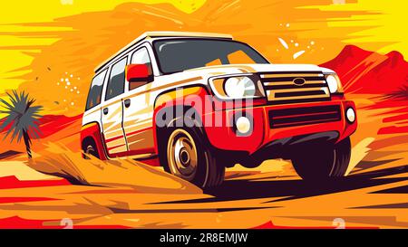 Weißer SUV, der in die Wüste rast. 4x4 Sport, Safari Offroad-Abenteuer horizontales Banner Vektordarstellung. Stock Vektor