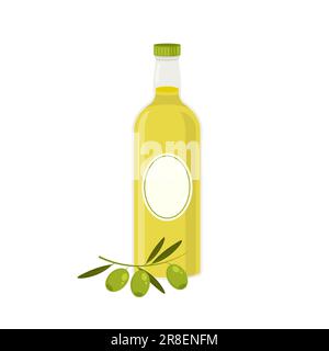 Glasflasche mit Olivenöl. Vektorflaschen mit grünen Oliven. Design-Element für Menü, Etikett, Verpackung isoliert auf weißem Hintergrund. Stock Vektor