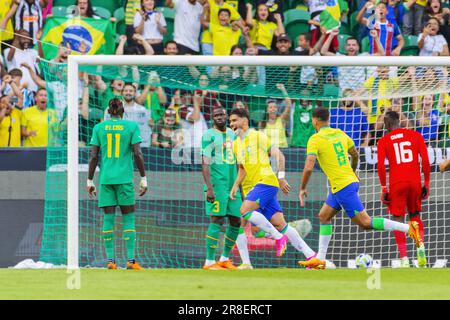 Lissabon, Portugal 20. Juni 2023 feiert Lucas Paqueta aus Brasilien sein Ziel 1-0 beim International Friendly Football Match zwischen Brasilien und Senegal am 20. Juni 2023 im Jose Alvalade-Stadion in Lissabon, Portugal Stockfoto