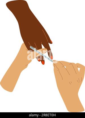 Menschenhände, die Nagellack polieren Maniküre Nahaufnahme Vektordarstellung Palmen mit Feile flache Zeichensammlung isoliert Stock Vektor