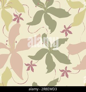 Handgezeichnetes Blumenmuster in Pastelltönen. Nahtloses Design mit wiederkehrenden Mustern und Textildruck auf weichem, violett-grünem Hintergrund Stock Vektor