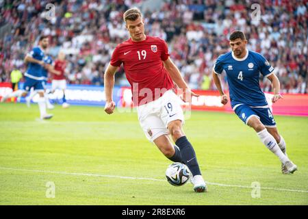 Oslo, Norwegen. 20. Juni 2023. Alexander Sorloth (19) aus Norwegen wurde während des Qualifikationsspiels UEFA Euro 2024 zwischen Norwegen und Zypern im Ullevaal Stadion in Oslo gesehen. (Foto: Gonzales Photo/Alamy Live News Stockfoto