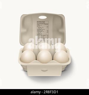 6 Six Vector 3D realistische weiße Hühnereier in geöffnetem Karton, Karton, Verpackung. Hühnereier-Set, Isoliert. Vektor Rohe Ganze Eier. Ei Stock Vektor