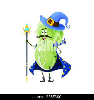 Cartoon Halloween chinakohl-Figur. Isolierter Vektor-lustiger Gemüsemeister im Partykostüm-Magie-Stab. Fröhlicher Astrologe oder Zauberer mit Zauberwerkzeug. Mystisches, amüsantes Gemüse Stock Vektor