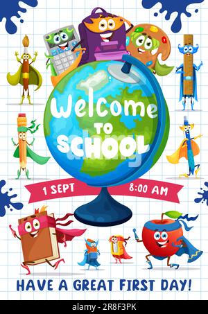 Zurück zur Schule Flyer, Cartoon-Superhelden Schreibwaren Charaktere, Vektorposter. Willkommen zurück in der Schule, mit Lehrbüchern, Stiften und Schreibwaren für Schüler und Studenten im karierten Hintergrund Stock Vektor