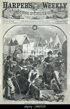 Weihnachtsschachteln im Camp--Weihnachten 1861, aus Harper's Weekly, 4. Januar 1862 1862, von Winslow Homer, Born Boston, MA 1836-Toded Prout's Neck, ME 1910 Stockfoto