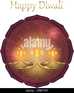 Happy Diwali Symbol Design mit Votivkerzen isoliert auf weißem Hintergrund. Vektordarstellung. Stock Vektor
