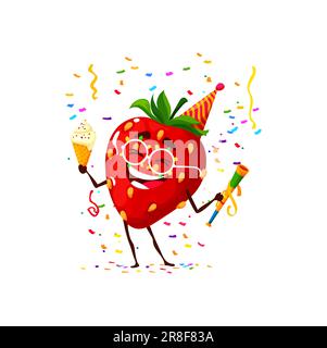 Cartoon-Erdbeerfigur, Geburtstagsfeiertag. Kinder Feiertag Happy Charakter, Kinderparty oder Geburtstagsfeier niedliches Beerenvektormaskottchen oder komische Erdbeer Persönlichkeit mit Eis Stock Vektor