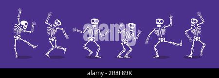Skeletons dancing with different positions flat style design vector illustration set. Funny dancing Halloween or Day of the dead skeletons collection. Stock Vektor