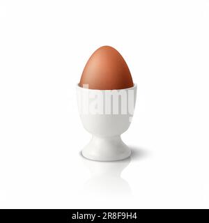 Vector 3D Realistic Brown Chicken Egg in einer weißen Keramik, Porzellanhalter für gekochte Eierbecher, Ständer für Frühstück. Hähncheneier Symbol, Isoliert, Vorderansicht Stock Vektor