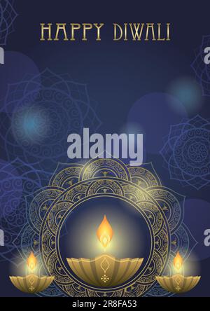 Fröhlicher Diwali-Hintergrund Mit Votivkerzen, Mandalamustern Und Textbereich. Vektordarstellung. Stock Vektor