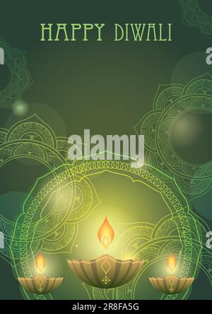 Fröhlicher Diwali-Hintergrund Mit Votivkerzen, Mandalamustern Und Textbereich. Vektordarstellung. Stock Vektor