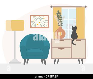 Wohnzimmereinrichtung mit Stuhl, Lampe, Tisch und Fenster, Vektordarstellung Stock Vektor