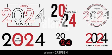 Schwarzes Logo-Design für 2024 „Happy New Year“. Trends 2024-Nummer-Designvorlage. Design für Banner, Gruß, Urlaub Stock Vektor