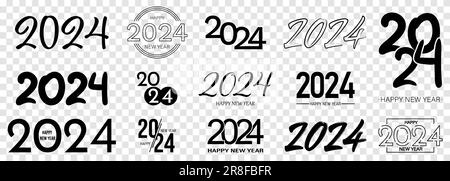 Set mit 2024 Symbolen für ein frohes neues Jahr. Designvorlage mit 2024 Nummern. Kann für Branding, Cover, Banner, Karten und Poster verwendet werden. Vektordarstellung Stock Vektor