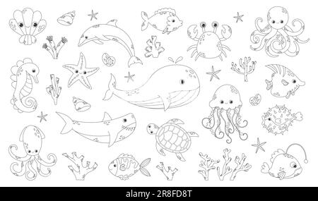 Malbuch für Meerestiere für Kinder. Stock Vektor